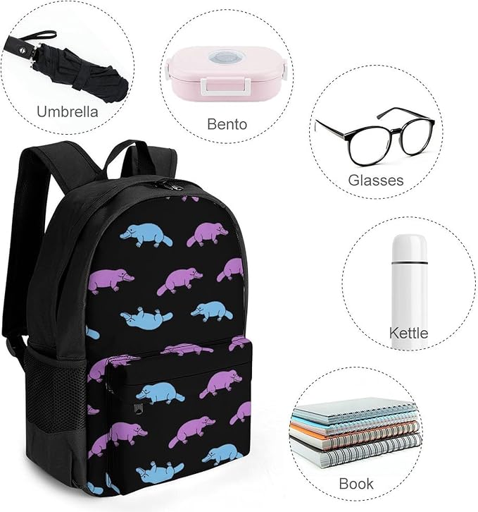Men Women Lightweight Purple Platypus Cartoon Black Daypack Bookbag Big Capacity Carry On Bag With Side Pockets for Camping Travel Bicycle