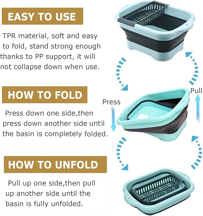 2.98 Gallon (11.28L) Collapsible Dish Basin with Drain Plug, Outdoor Multiuse Foldable Sink Tub, Dishpan, Wash Basin, Portable Kitchen Storage Tray for Camping, RV, Beverage Bucket (Green)