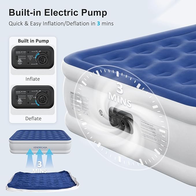 Queen Air Mattress with Built in Pump, 18" Raised Inflatable Mattress, Self Inflating Blow Up Bed, Comfort Portable Air Bed with Carry Bag for Camping, Home, Guests, Travel 690 lbs Max
