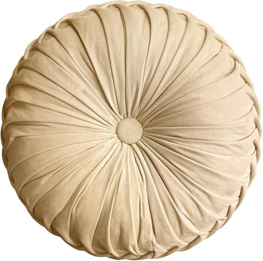 Round Throw Pillow Velvet Home Decoration Pleated Round Pillow Cushion for Couch Chair Bed Car (Apricot)
