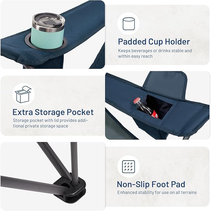 TIMBER RIDGE Oversized Folding Camping Chair Support 550 LBS, Heavy Duty Portable Chairs with Cup Holder Side Pocket for Lawn, Outdoor Picnic, Fishing, 2 Pack(Navy)