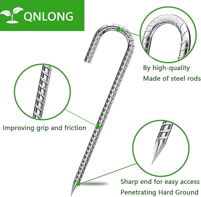 Ground Stakes 12 Inch, Yard Camping Stakes J Shaped 20 Pack Rebar Heavy Duty for Garden Dog Fence Inflatable Camping Chicken Coop Accessories