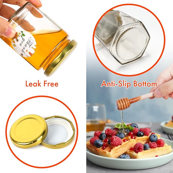 AuroTrends 6oz Glass Small Jars with Lids 30Pack, Honey Jars in Bulk for Baby Shower Favors/Wedding Favors -Small Canning Jars with Wooden Dippers/Bee Charms/Stickers/Jute Twine (6fl.oz-30Pack)