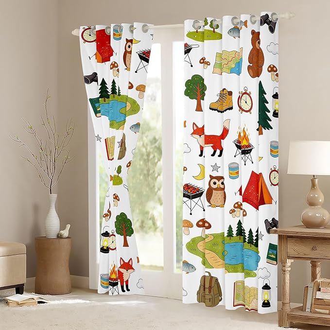 jejeloiu Camper Curtains for Bedroom Living Room Happy Camping Blackout Darkening Drapes Wild Animal Window Treatments, 2 Panels 38 x 54 Inch RV Camping Room Decor