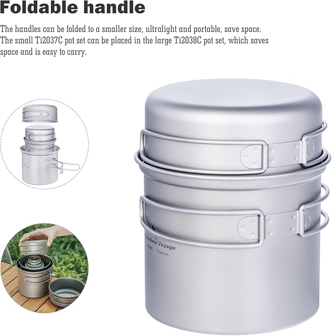iBasingo Backpacking Cookset Titanium Camping Pots Set Ultralight Outdoor Picnic Pots Pans with Folding Handle Druable Portable Cooking Mess Kit Compact Picnic Dishes Bowls Cups (Multiple Sizes)