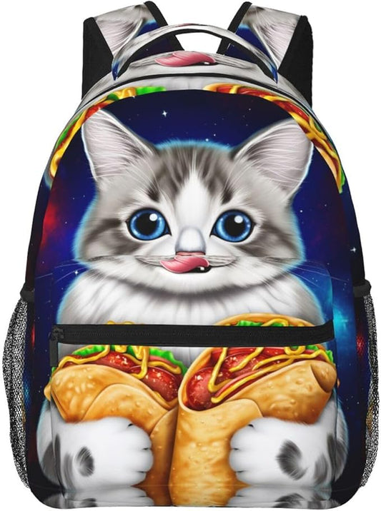 Rucksack Polyester Anti-Theft Multipurpose Galaxy Taco Cat Pizza Art Bookbag Big Capacity Travel and Sport Backpack Rucksack With Side Pockets