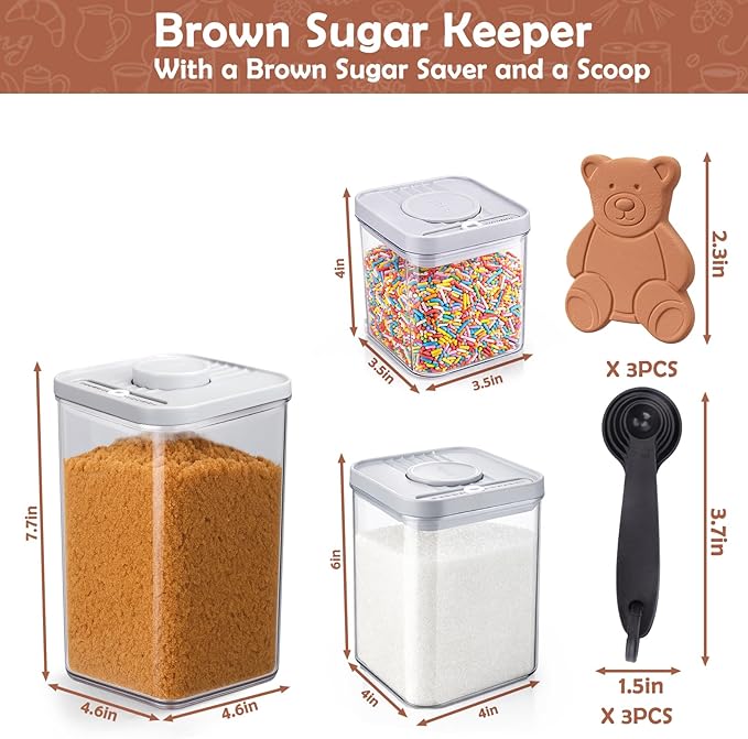 Mity rain 3Pcs Airtight Brown Sugar Container Set(2.7Qt/1.7Qt/0.85Qt) Moisture-Proof Kitchen & Pantry Brown Sugar Keeper Container Airtight Saver Storage with Locking Lid,3 brown sugar bear,3Spoon