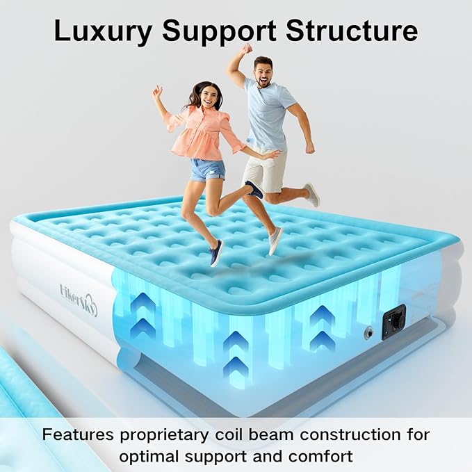 Queen Air Mattress with Built-in Pump, Single Air Bed with Portable Storage Bag, Suitable for Home and Guests, Top Flocking, 18" Queen Sky Blue
