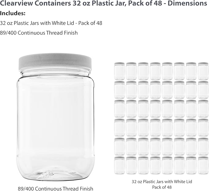 48 Pack of 32 Ounce Plastic Quart Jars with 89RM Leak Proof Seal Lid - Food Grade and BPA Free (32oz, 48pk)