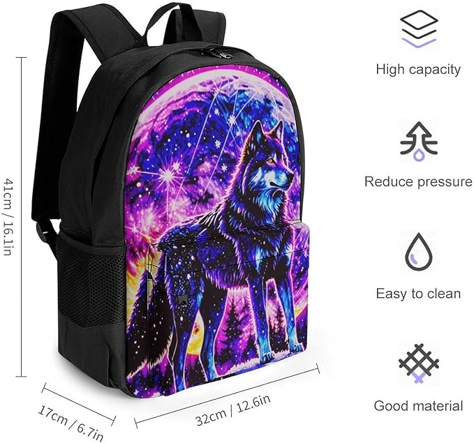 Supdreamc Daypack Backpack Anti-Theft Multipurpose Large Capacity Carry On Bag, Trippy Wolf Space Galaxy Art Traveling Camping Backpack With Side Pockets
