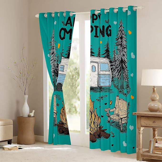 Feelyou Green Camping Camper Rv Blackout Curtains Rustic Farmhouse Camper Darkening Drapes for Bedroom Living Room Decor Happy Camping Thermal Insulated Shades Window Treatments, 2 Panels 52 x 90 Inch