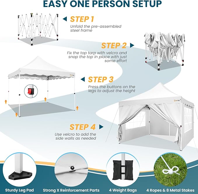 HOTEEL 10x10 Pop Up Canopy Tent with 4 Removable Sidewalls, Sandbags, Stakes & Ropes, UPF 50+ Easy Setup Event Tent Waterproof Outdoor Instant Portable Shelter for Party, Backyard, Vendor, White