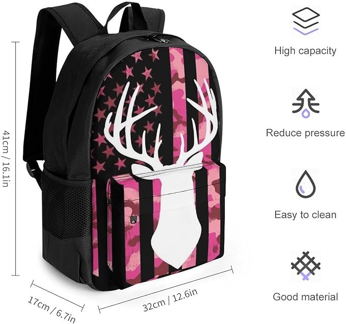Lightweight Daypack for Camping Business Walking Cycling, Large Capacity Anti-Theft Multipurpose Bookbag, American Flag Camo Funny Deer Hunting Pink Camouflage Gym Outdoor Hiking Backpack