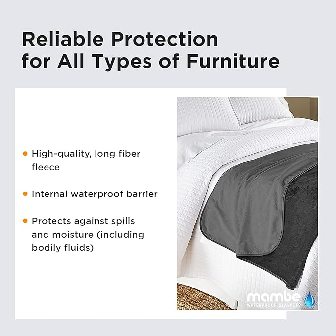 Mambe Silky Waterproof Throw for Protecting Furniture Bed Couch from Stains Caused by Dogs, Cats, Incontinence. Soft, Washable, Reversible. (Size Large 70x90 inches, Color Black/Charcoal)