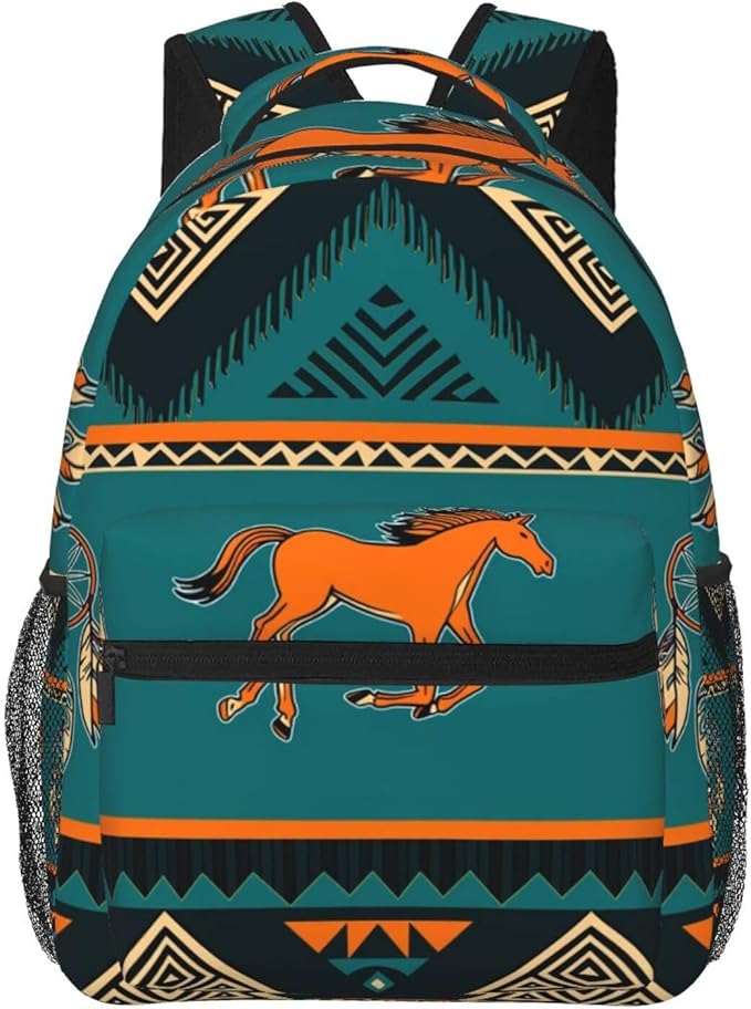 Lightweight Daypack Backpack for Sports Travel Running, Large Capacity Multipurpose Anti-Theft Bookbag, Southwest Native American Ethnic Horse Dreamcatcher Art Laptop Backpack Daypack