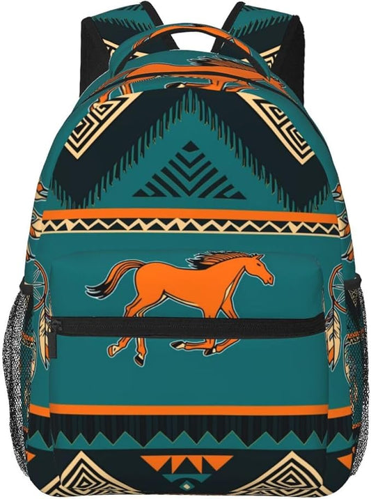 Lightweight Daypack Backpack for Sports Travel Running, Large Capacity Multipurpose Anti-Theft Bookbag, Southwest Native American Ethnic Horse Dreamcatcher Art Laptop Backpack Daypack