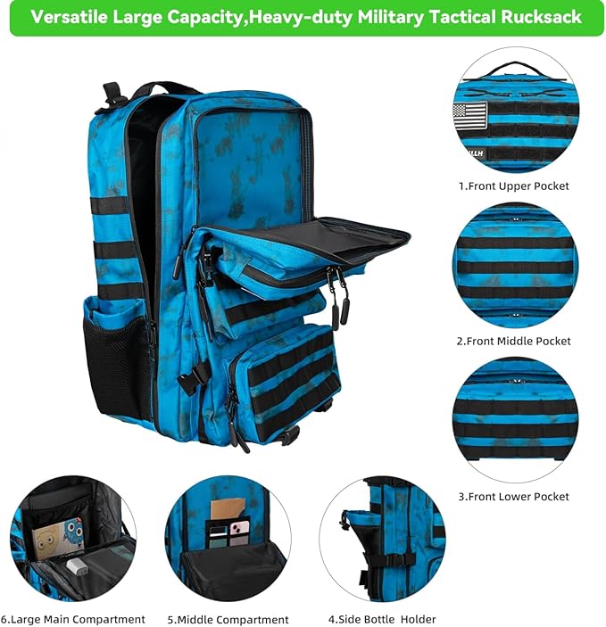 Military Tactical Backpack 55L for Men & Women Bug Out Bag Assault pack Molle Daypack Hiking Trekking Rucksack (Blue tie dye)