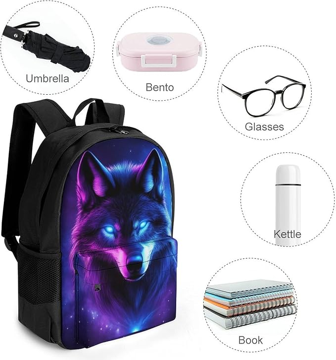 Men Women Polyester Purple Universe Galaxy Magic Wolf In The Space Casual Daypack Large Capacity Carry On Bag With Adjustable Shoulder Straps for Camping Work Running