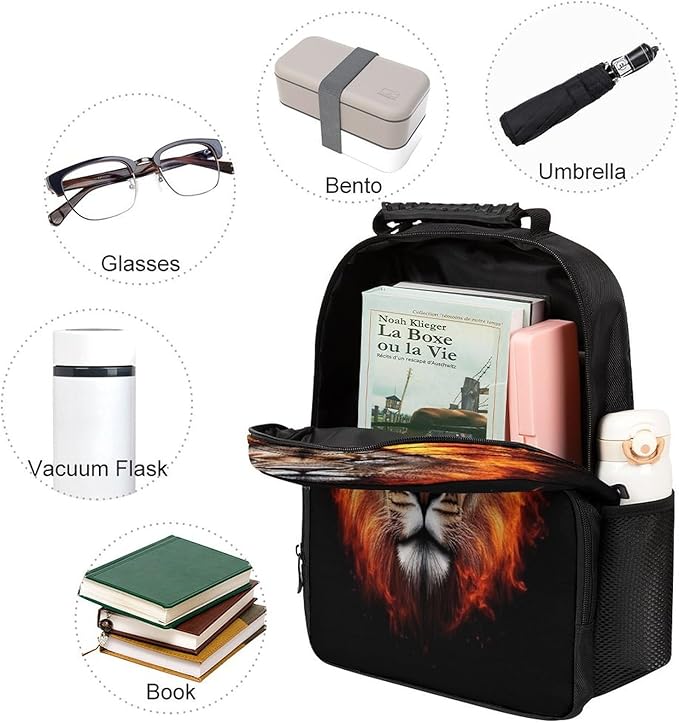 Rucksack Polyester Anti-Theft Multipurpose Cool Flaming Lion Fire Art Bookbag Big Capacity Travel and Sport Backpack Rucksack With Side Pockets