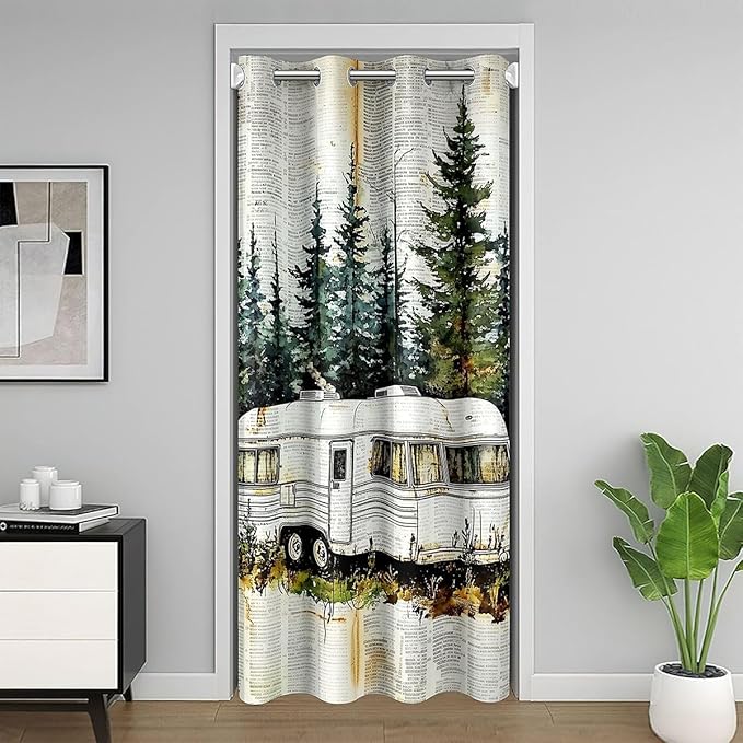 Vintage Camper Doorway Curtains Privacy - Retro Woodland Scene Blackout Curtain Vintage Newspaper Texture Closet Door Curtain Rustic Farmhouse Camping Trailer Room Divider Drape 59"W x 80"L