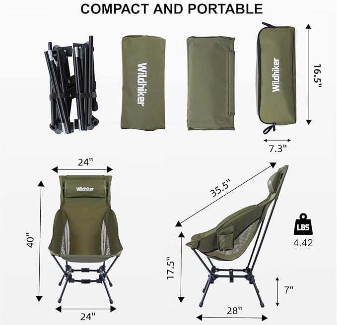 Wildhiker Portable High Back Folding Camping Chairs – Compact with Dual Sitting Modes, Pillow, Arm Pads and Side Pockets – Lightweight Chair for Motorcycle, RV, Festival, Travel – Green