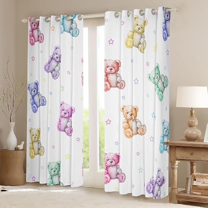 Colorful Bears Window Curtain | Girly Princess Blackout Curtain,Teens Woman Men Cartoon Bear Bedroom Curtains Dreamy Coquette Living Room Decor Top 2 Panels,52Wx96L