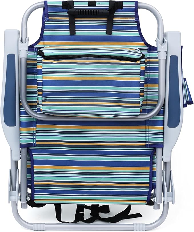 Backpack Beach Chair for Adults, Folding Beach Chair with 4 Positions, Heavy Duty Chair with Large Cooler Pouch Support to 350LBS (Stripes_Blue&Cyan&Yellow)