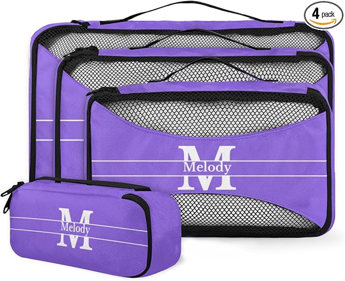 Custom Packing Cubes with Name, 4Pcs/Set Travel Luggage Packing Organizers Set for Women, MediumPurple with Initial Letter