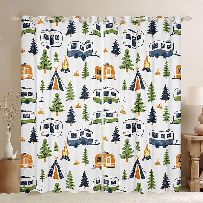 jejeloiu Happy Camping Curtains for Bedroom Living Room Camper 30%-50% Blackout Darkening Drapes Cartoon Camping Car Window Treatments, 2 Panels 52 x 90 Inch Room Decor