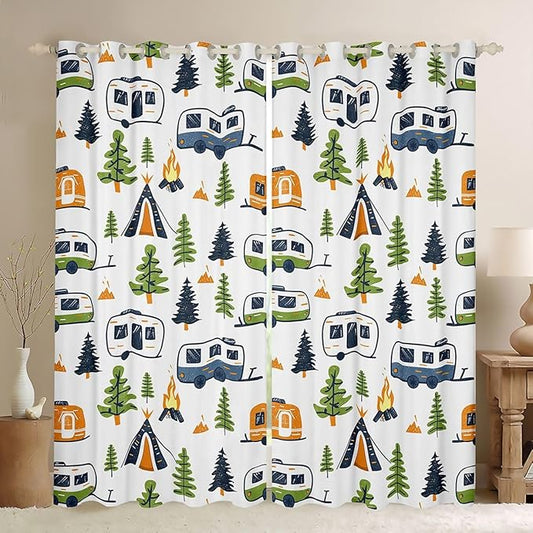jejeloiu Happy Camping Curtains for Bedroom Living Room Camper 30%-50% Blackout Darkening Drapes Cartoon Camping Car Window Treatments, 2 Panels 38 x 54 Inch Room Decor