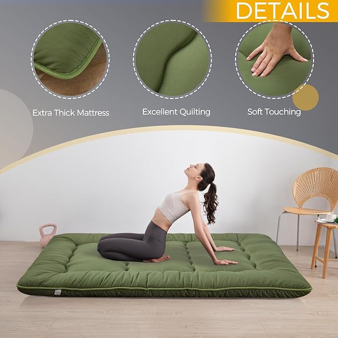 MAXYOYO 6" Extra Thick Japanese Floor Mattress Futon Mattress, Foldable Tatami Pad for Adults, Roll Up Floor Bed for Guest Room Bedroom RV, Green, Queen