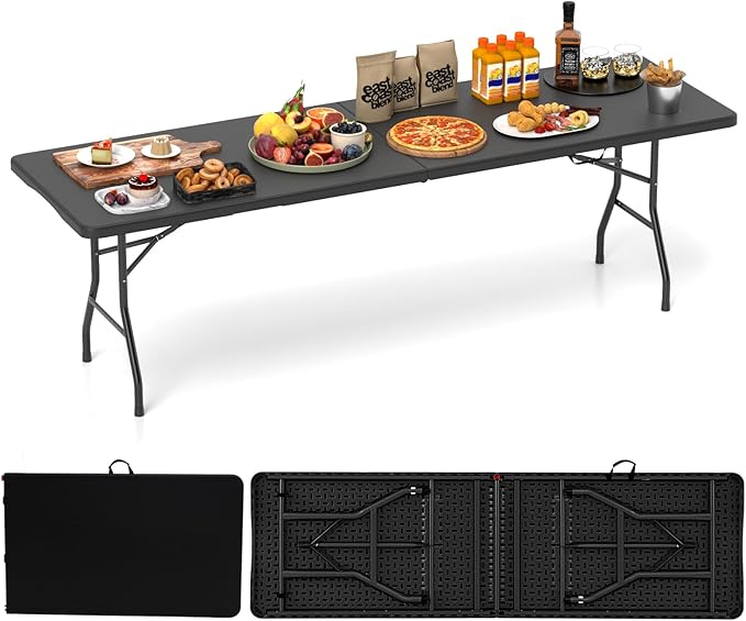 Tangkula 8 FT Folding Table, Indoor Outdoor Foldable Plastic Table with HDPE Tabletop, Sturdy Metal Fame, Carrying Handle, Heavy Duty Portable Fold-in-Half Picnic Table for Camping BBQ Party