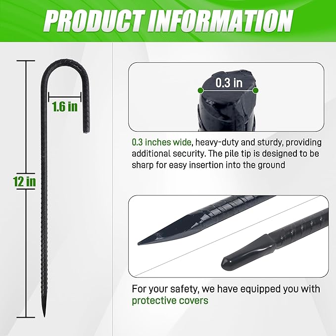 Anothera 4 Pack Heavy Duty Trampoline Stakes, 12 Inches Trampoline Anchors High Wind, Heavy Duty J Shaped Rebar Stakes for Trampoline, Tents, Inflatables, Fences, Outdoor Decoration