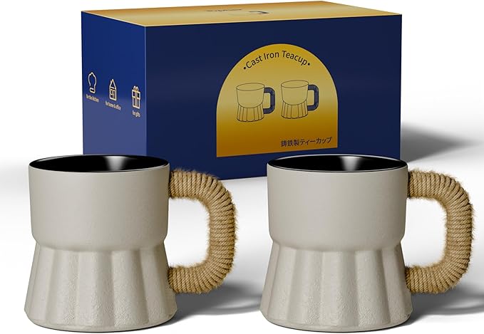 toptier 4 oz Tea Cups, Espresso Cups Set of 2, Mini Beer Mugs, Cast Iron Teacup for Tea, Coffee, Beer, Beige