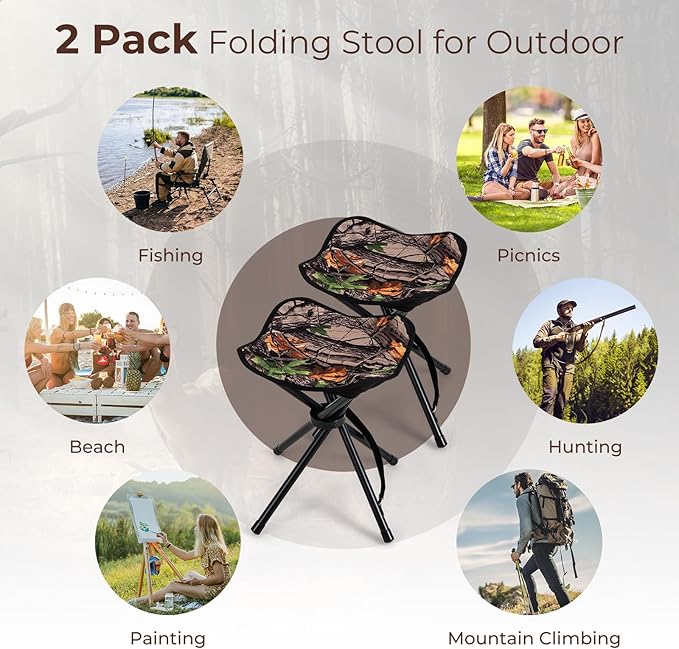Tangkula 2 Pack Camouflage Hunting Stool, Heavy-Duty 4 Legged Folding Stool with Carrying Strap, Lightweight Portable for Hunting, Fishing, Hiking, Backpacking