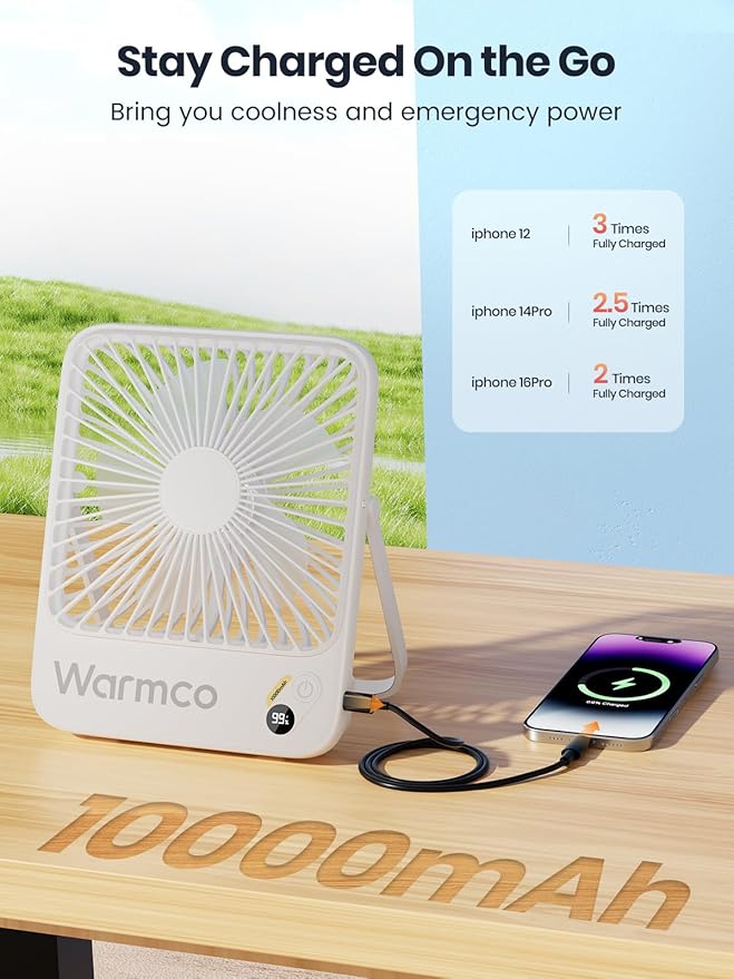 Warmco 10000mAh Portable Travel Fan 7-inch, [10-24H Runtime] Ultra-thin Digital Display Mini Desk Battery Operated Fan for Bedroom, Camping, Cruise Essentials 2025