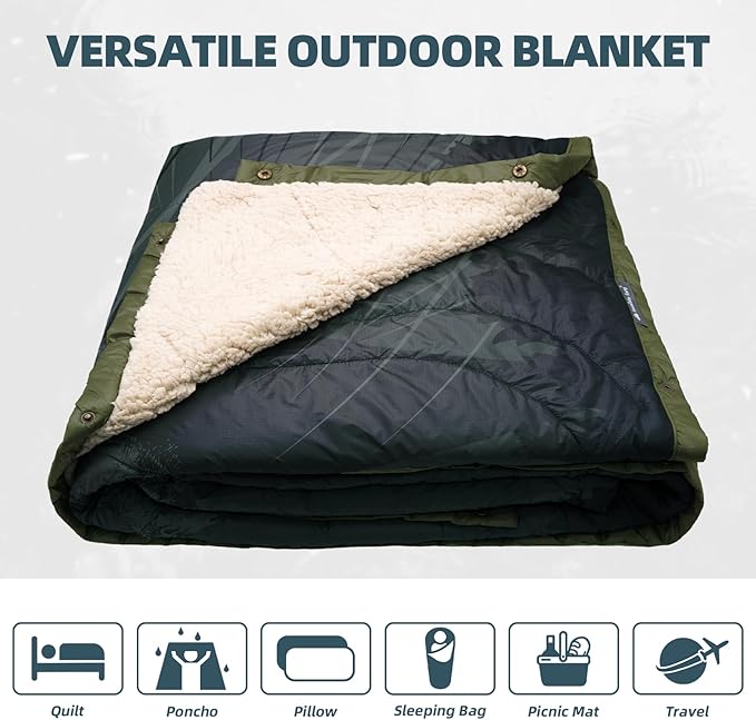Outdoor Camping Blanket with Sherpa Lining, Extra Warm Thick Camp Blankets and Puffy Ultralight Soft Poncho DWR Camping Quilt for Cold Weather, Adventure, Sleeping, Backpacking 78"x 56"