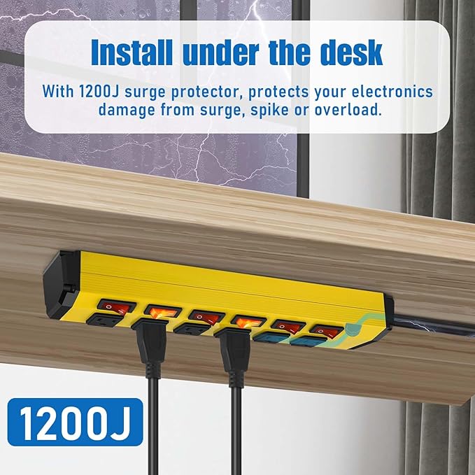 ANNQUAN 6 Outlet Metal Power Strip with 6 Individual Switches,Heavy Duty Power Strip 1200J 15A 3FT Cord Home Office Industrial Commercial Shop