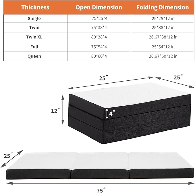 Sweetcrispy Tri-fold Memory Foam Mattress - 4 Inch Full Size Portable Bed Pad, Foldable Floor Mat, Collapsible and Washable Cover with CertiPUR-US Certified, for Travel & Camping & Yoga