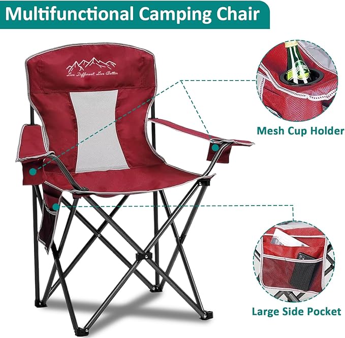 Outdoor Folding Camping Chair with Cup Holder, Storage Bag, Large Anti-Sink Feet, 325lbs Capacity, Breathable Mesh Portable Chair for Camping, Beach, Fishing, Sports, Red