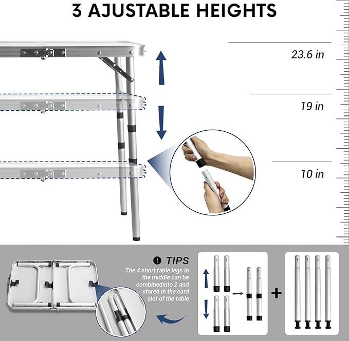 Small Folding Table 2FT Lightweight Portable Aluminum Camping Table for Picnic and Camping Mini Foldable with Adjustable Extended Height,Silver