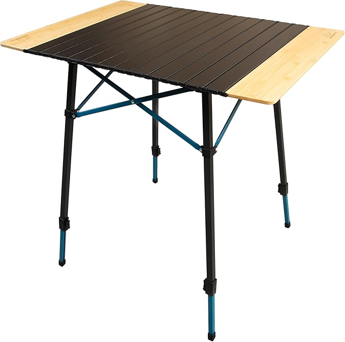 MOUNTAIN SUMMIT GEAR Bamboo/Aluminum Roll-Top Camping Table - Hybrid and Portable Aluminum-Top/Bamboo Folding Table with Adjustable Height Steel Frame by Caddis Sports