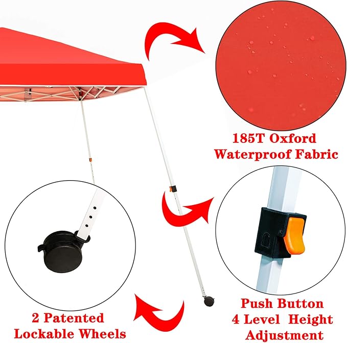 Sunnyglade 10x10 Ft Pop Up Canopy Tent One Button Easy Pop Up Outdoor Instant Folding Slant Leg Canopy with 2 Wheels and Deluxe Carry Bag(Red)