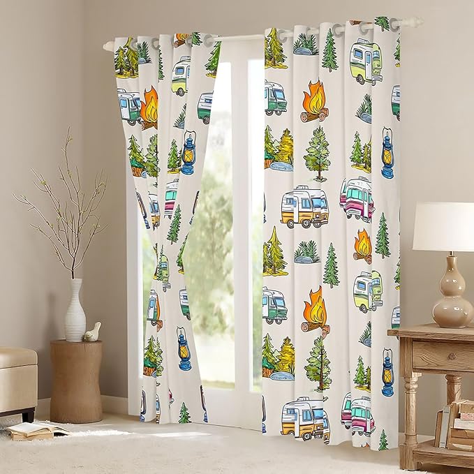 Feelyou Vintage Camper Blackout Curtains Rustic Camping Trailer Darkening Drapes for Bedroom Living Room Decor Happy Camping Thermal Insulated Shades Window Treatments, 2 Panels 42 x 84 Inch