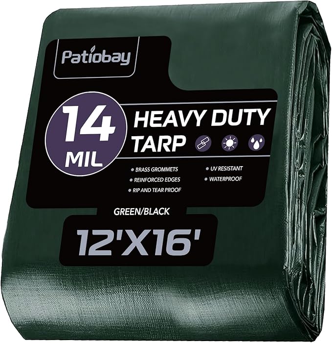 Tarp 12x16 Feet, 14 Mil Large Waterproof Tarps Heavy Duty with Brass Grommets, Thick Plastic Tarp, UV Resistant Tear&Fade Resistant, Reinforced Edges for Outdoor Pool Car Camp Tent