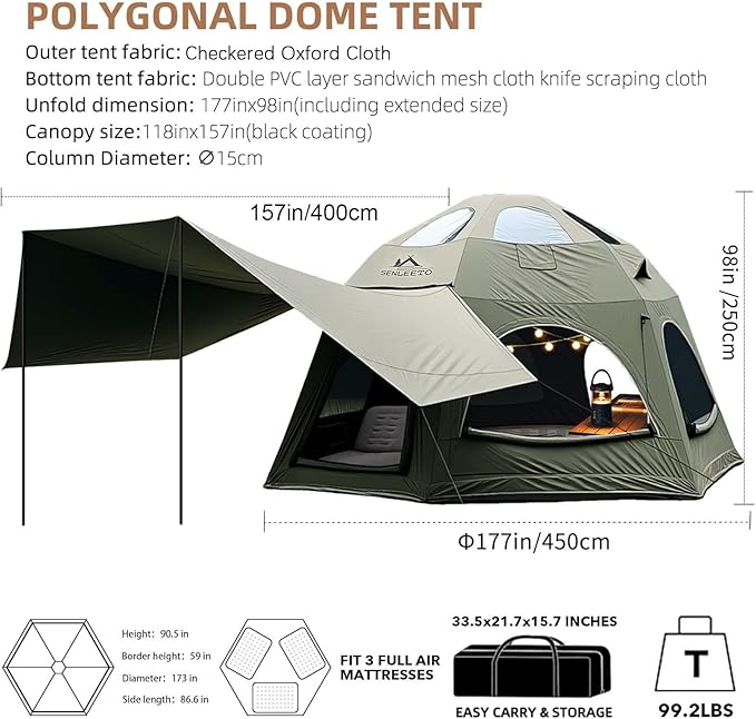 Inflatable Camping Tents 8-10 Person,129 Square Feets Large Inflatable Camping Tent with Stove Jack,Blow up Tent with Mesh Windows & Pump