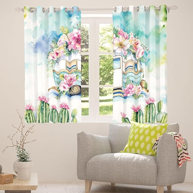 Erosebridal Girls Camper Blackout Curtains for Bedroom Living Room Camping Car Floral Window Curtains 2 Panels 52" Wx84 L Happy Camping Adventure Drapes,Rustic Pink Flowers Window Treatments