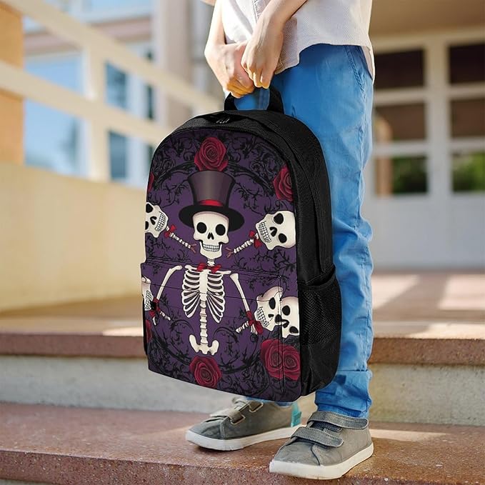 Supdreamc Men Women Polyester Day Of The Dead Red Rose Magic Hat Skeleton Sugar Skulls Daypack Backpack Large Capacity Carry On Bag With Smooth Zippers for Hiking Picnic Walking Cycling