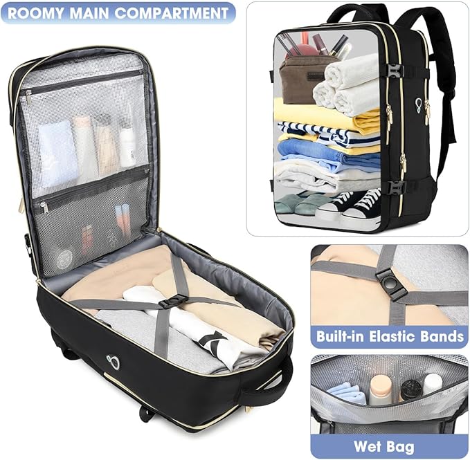 Large Carry On Travel Backpack - Flight Approved Waterproof Luggage Suitcase Backpacks Personal Item Size for Women Men Fit 17 Inch Laptop College Overnight Bag Anti-Theft Weekender Daypack Black Gold