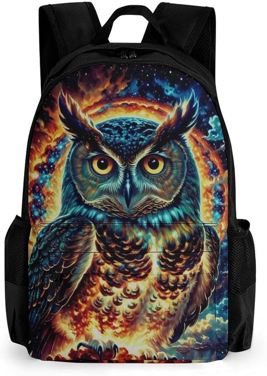 Polyester Daypack Backpack for Sports Travel Running, Big Capacity Anti-Theft Multipurpose Carry On Bag, Galaxy Nighthawk Owl Laptop Book Bag Rucksack